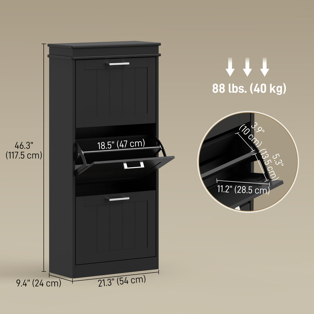 Slim Shoe Cabinet with 3 Flip Drawers and Adjustable Shelves – 21"W x 46"H