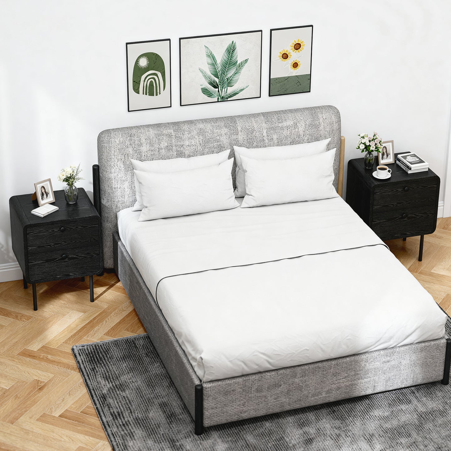 Modern Black Wood Grain Nightstands Set of Two, Dual Storage Drawers