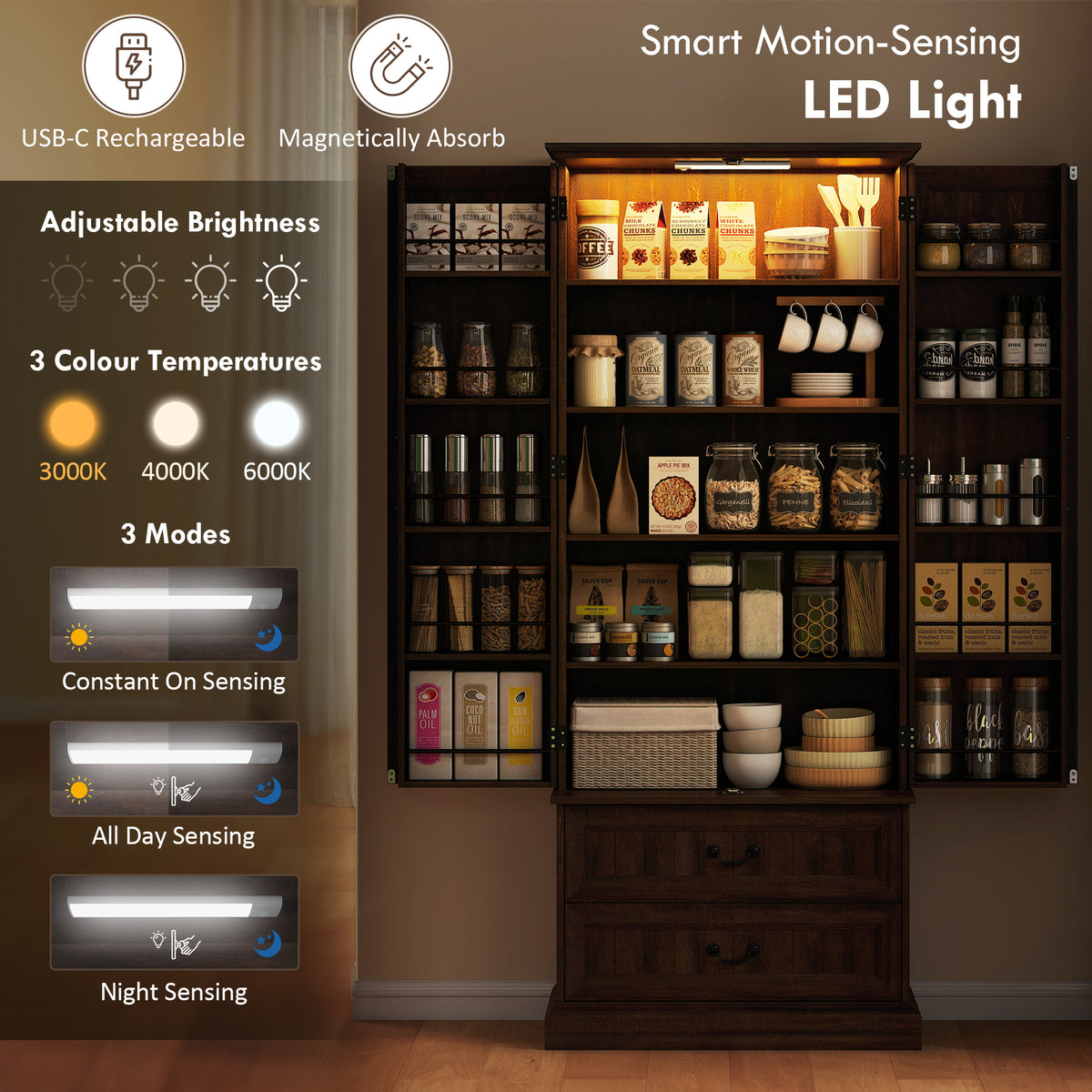 LED Kitchen Pantry Cabinet with 10 Door Shelves and 2 Drawers – 30"W x 72"H