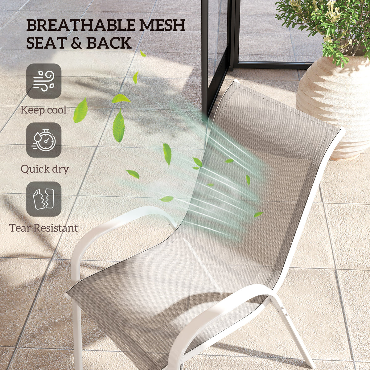 Set of 4 Outdoor Dining Chairs, Stackable Lawn Chairs with High Back, Breathable Mesh Seat for Garden Porch – White