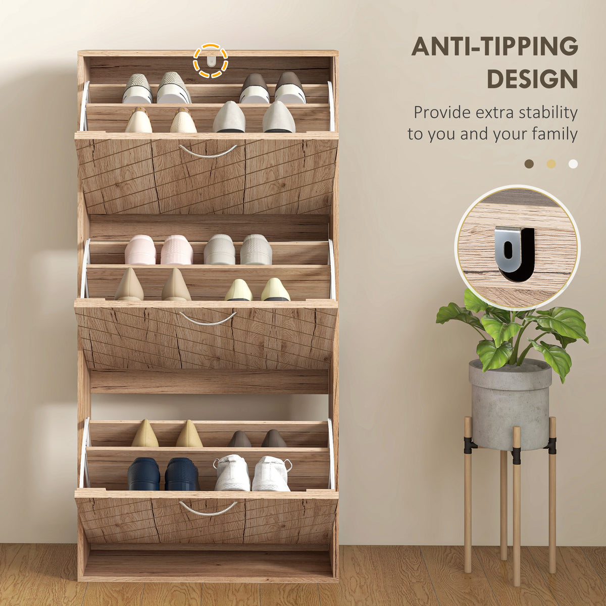 Shoe Storage Cabinet with 3 Flip Drawers – 22"W x 46"H