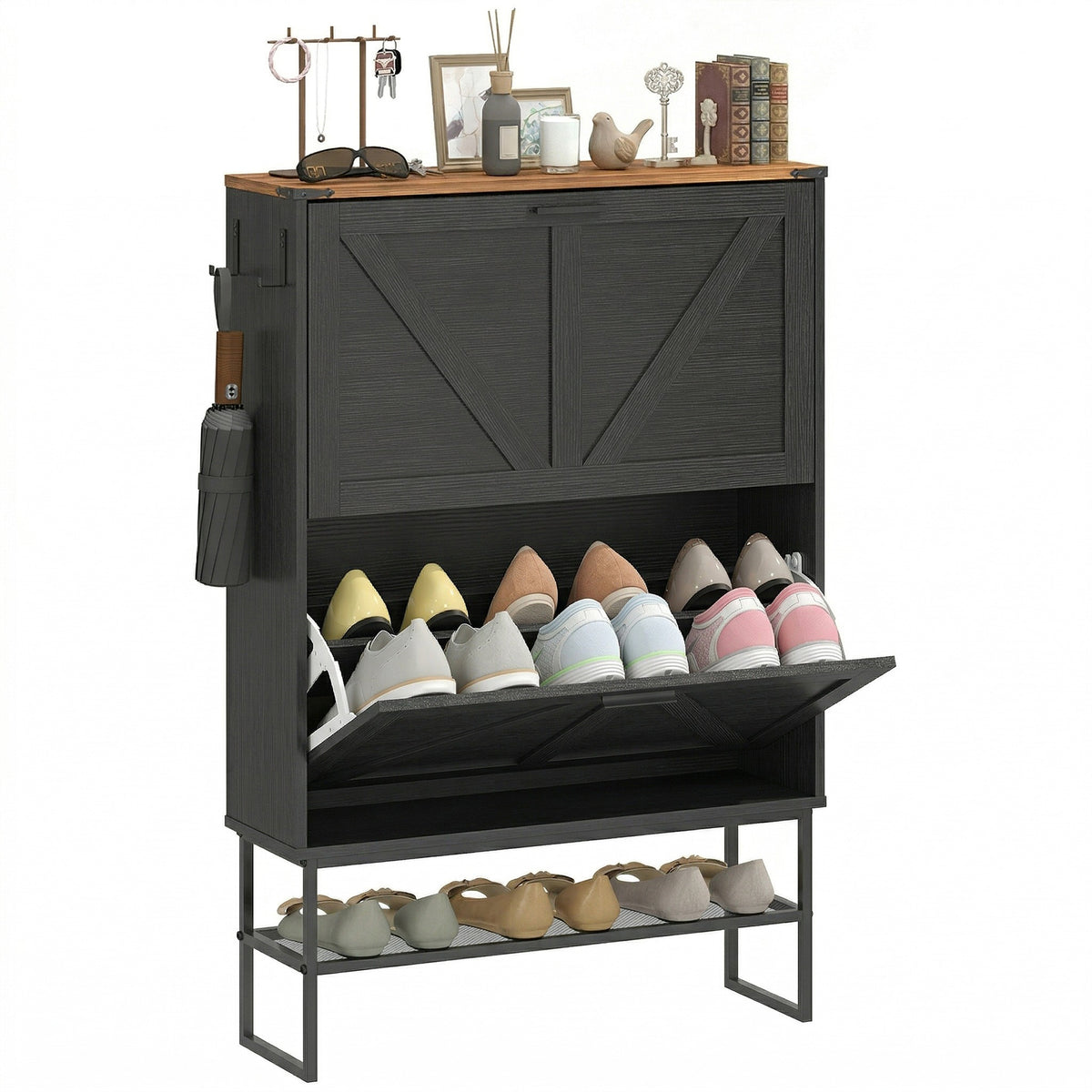 Narrow Shoe Storage Cabinet with 2 Flip Drawers – 31"W x 46"H