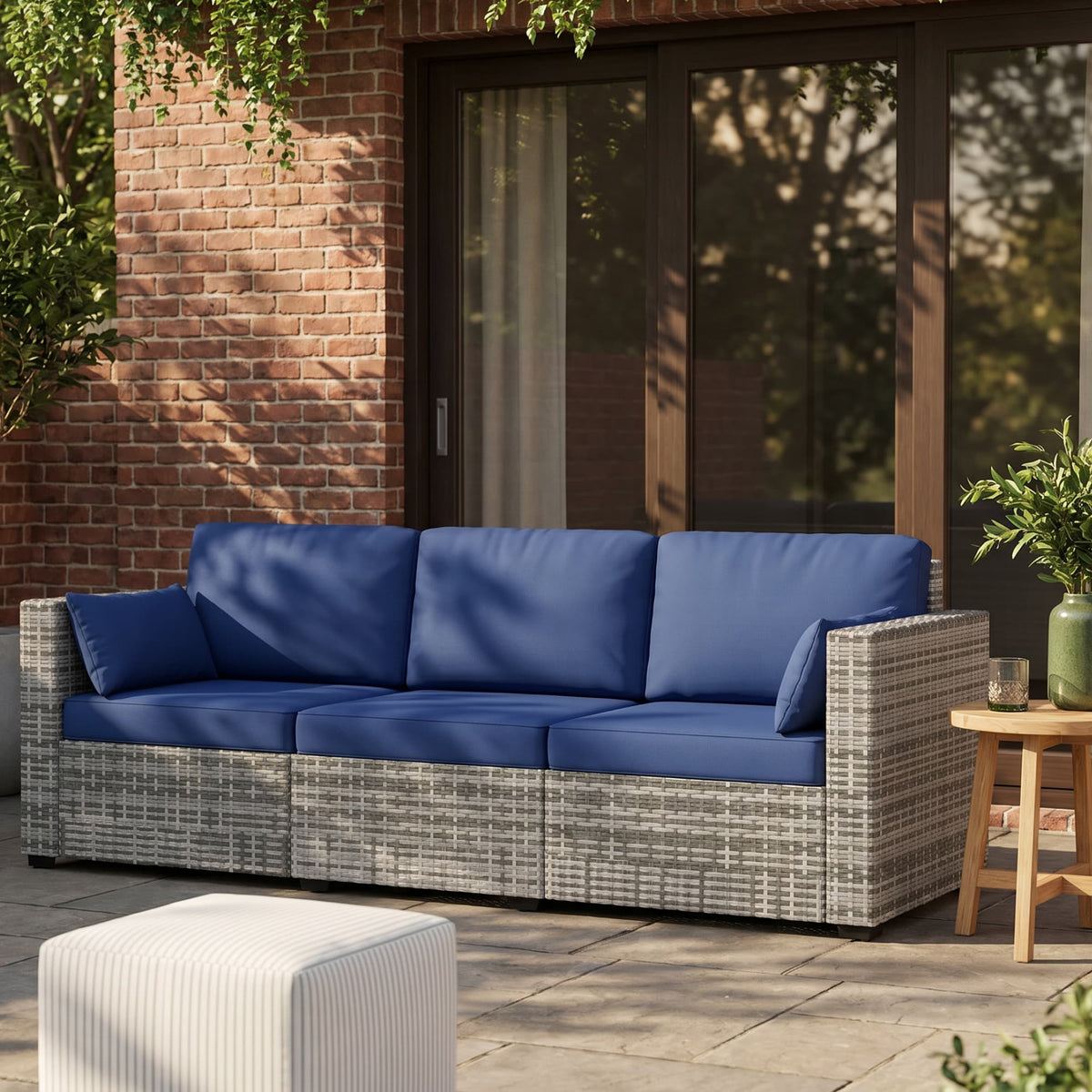 3-Seater Patio Sofa with Cushions, Rattan Conversation Set with Steel Frame & Washable Cushion Covers