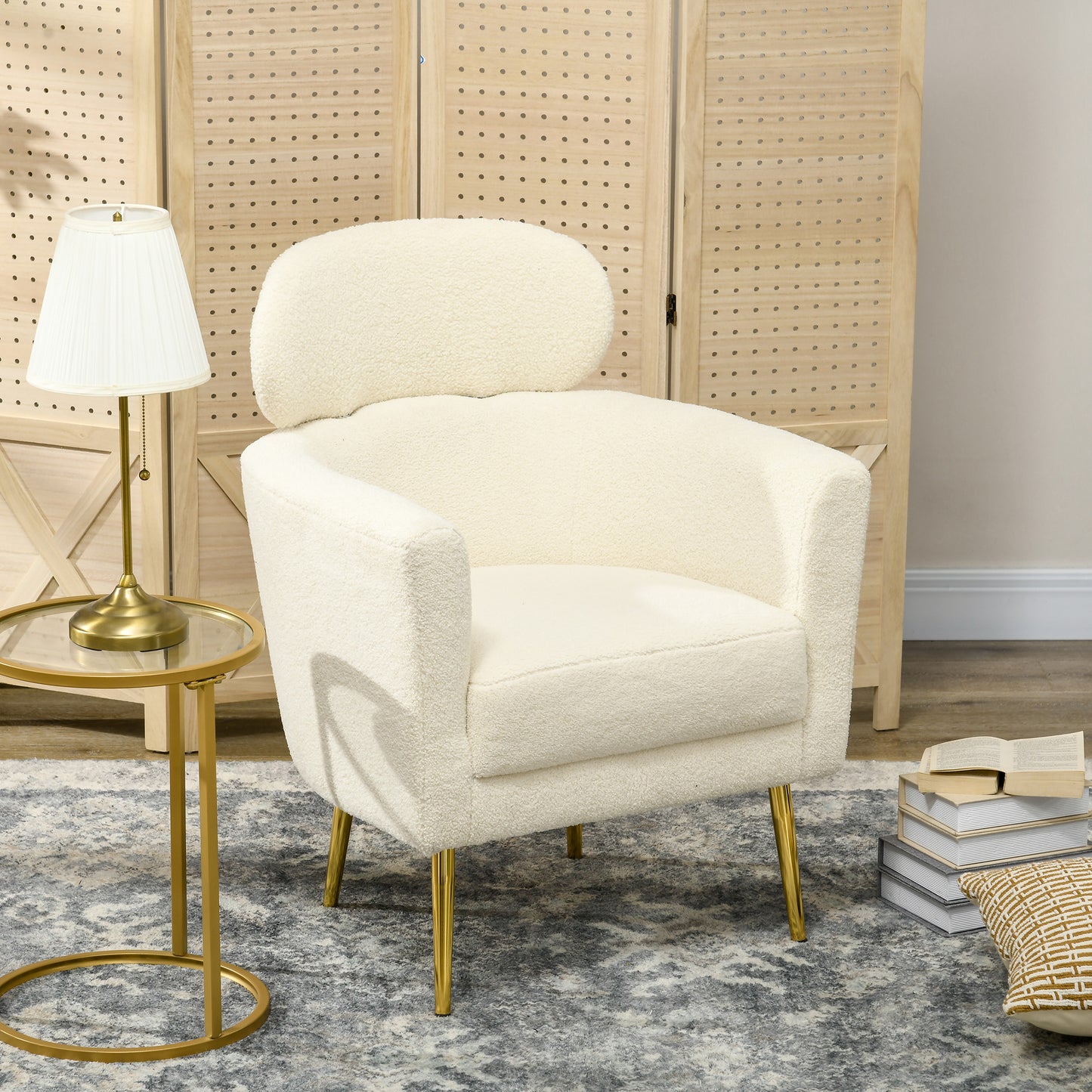 HOMCOM Modern Cream White Barrel Accent Armchair with Detachable Headrest
