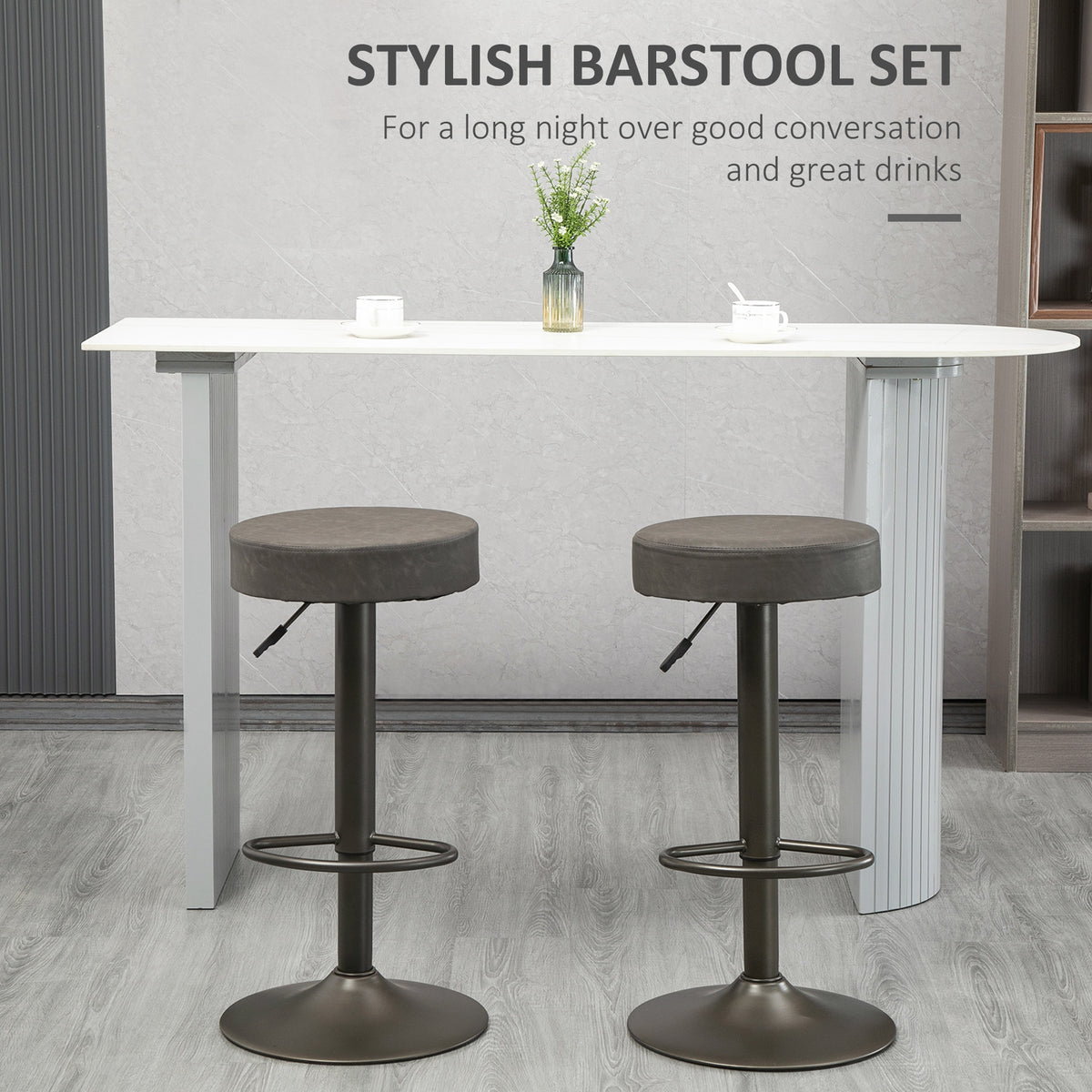 Backless PU Leather Round Swivel Bar Stools, Adjustable, Set of 2, Dark Grey