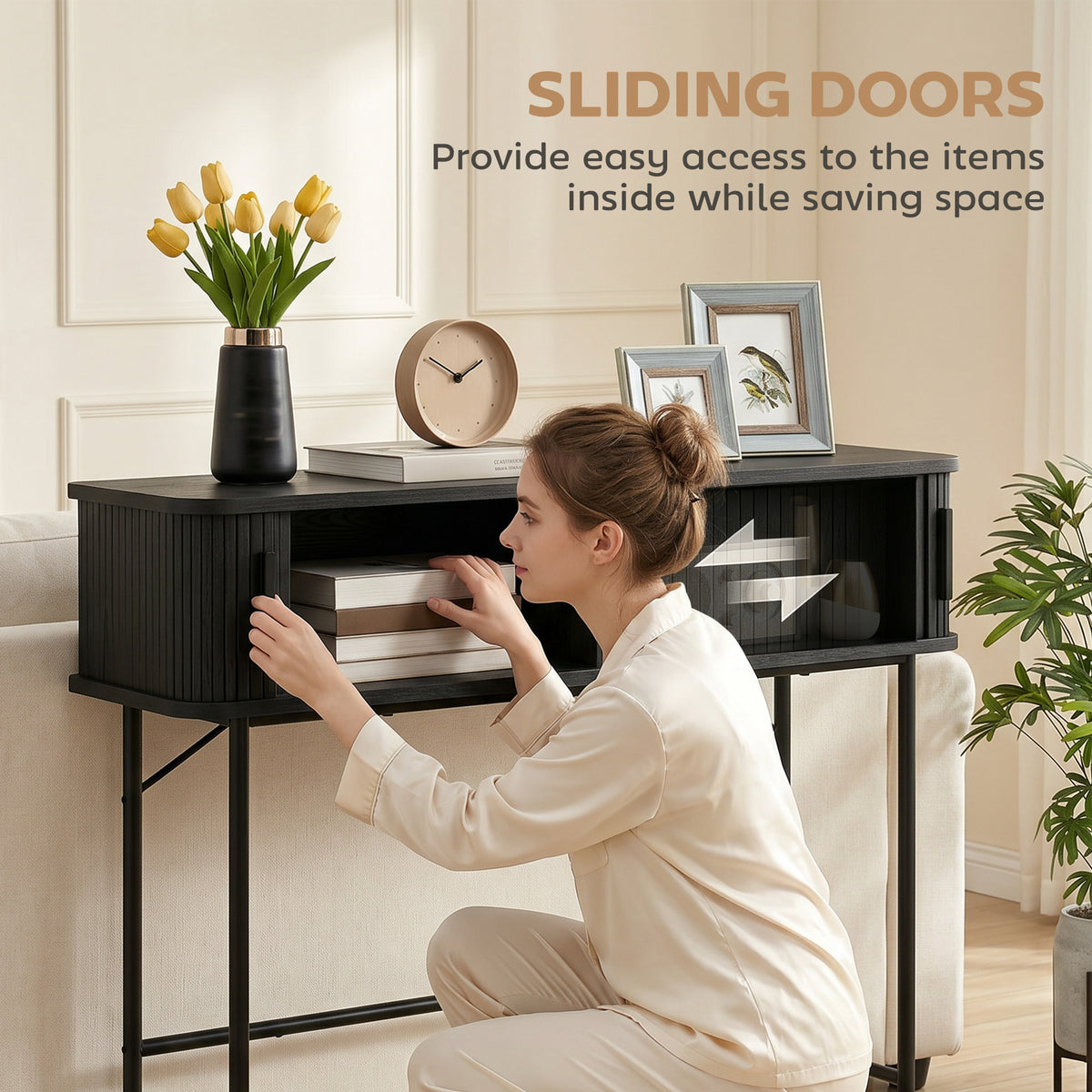 Mid-Century Entryway Console Table with Storage Compartments, Black