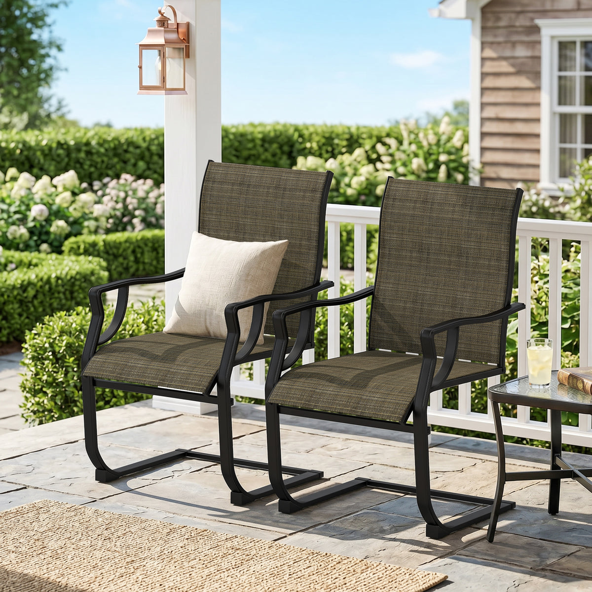 C Spring Motion Patio Chairs Set of 2 with Curved High Backrest, Armrest, All Weather Breathable Fabric, Metal Frame