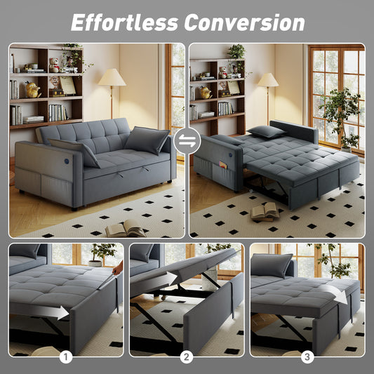 3-in-1 Velvet Pull-Out Sofa Bed with USB Charging