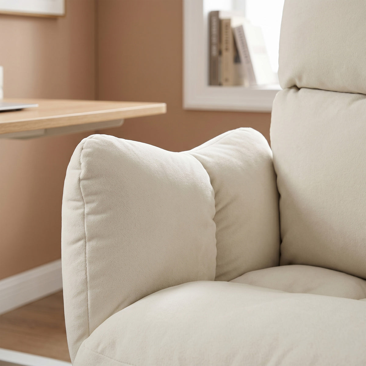 Office Chair with Footrest, Ergonomic Reclining Computer Gaming Chair with Snow Flannel Fabric, Cream