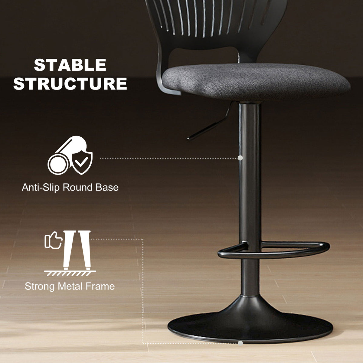 Linen-Look Swivel Counter Stools with Hollow Backrest and Footrest, Set of 2, Black