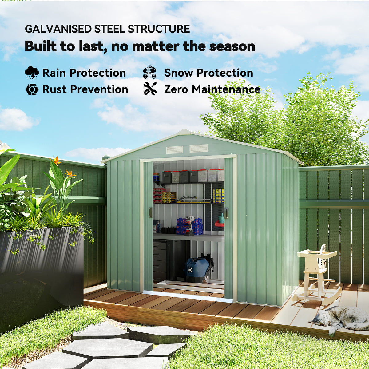 7'x 4'x 6' Garden Tool Shed Metal Storage Shed w/ Foundation Kit, Vents and Double Doors – Light Green