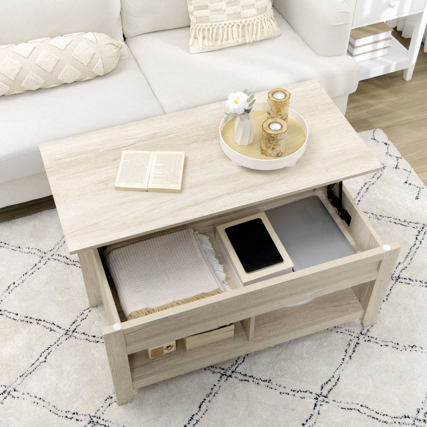 HOMCOM Lift Top Coffee Table with Hidden Storage, Open Shelves, Pop-Up Center Table, Oak Effect