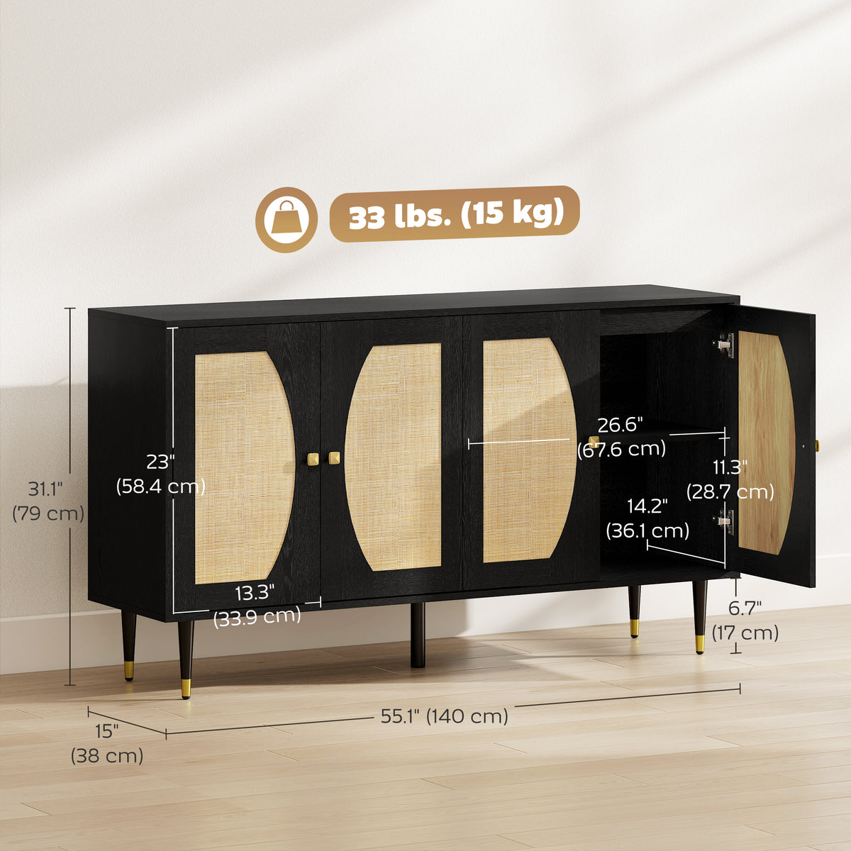 Boho Sideboard with Rattan Doors and Soft-Close Hinges – 55"W x 31"H