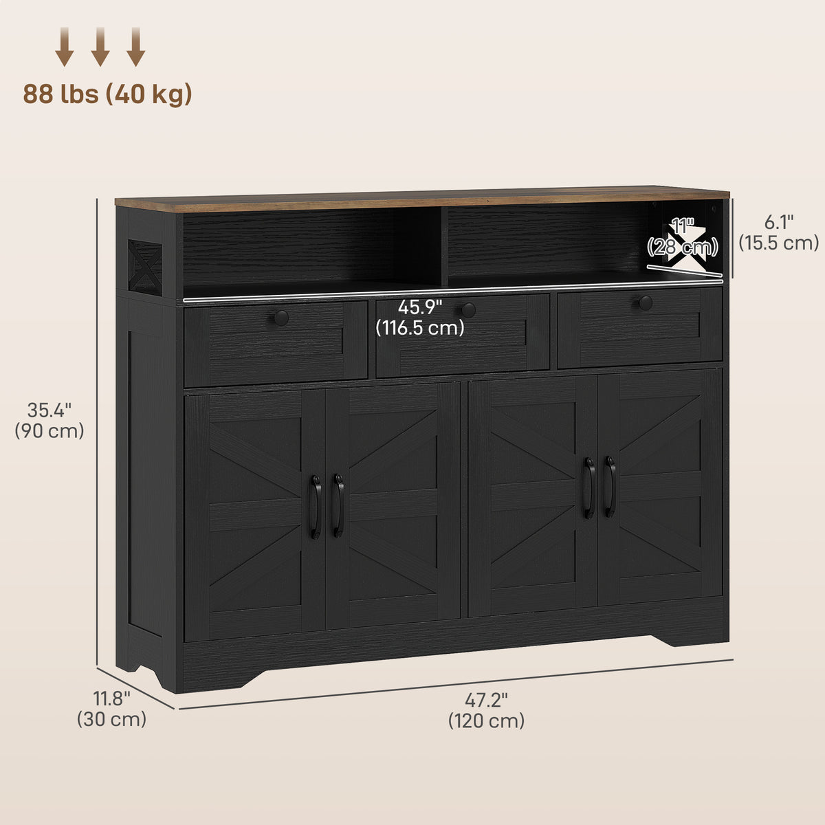 Buffet Cabinet with 4 Barn Doors and 3 Drawers – 47"W x 35"H