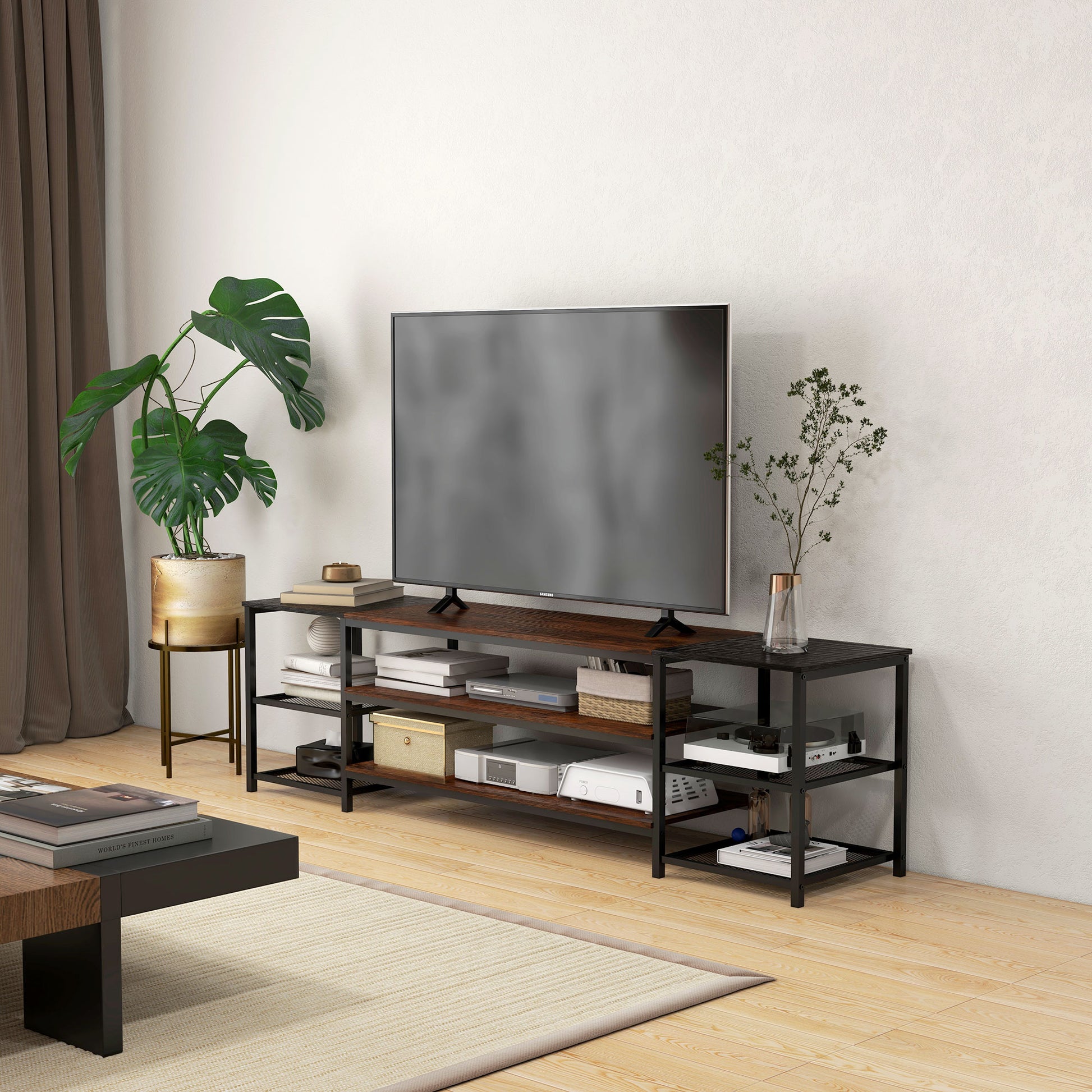 HOMCOM Industrial TV Stand for 80-inch TVs with Open Storage Shelves