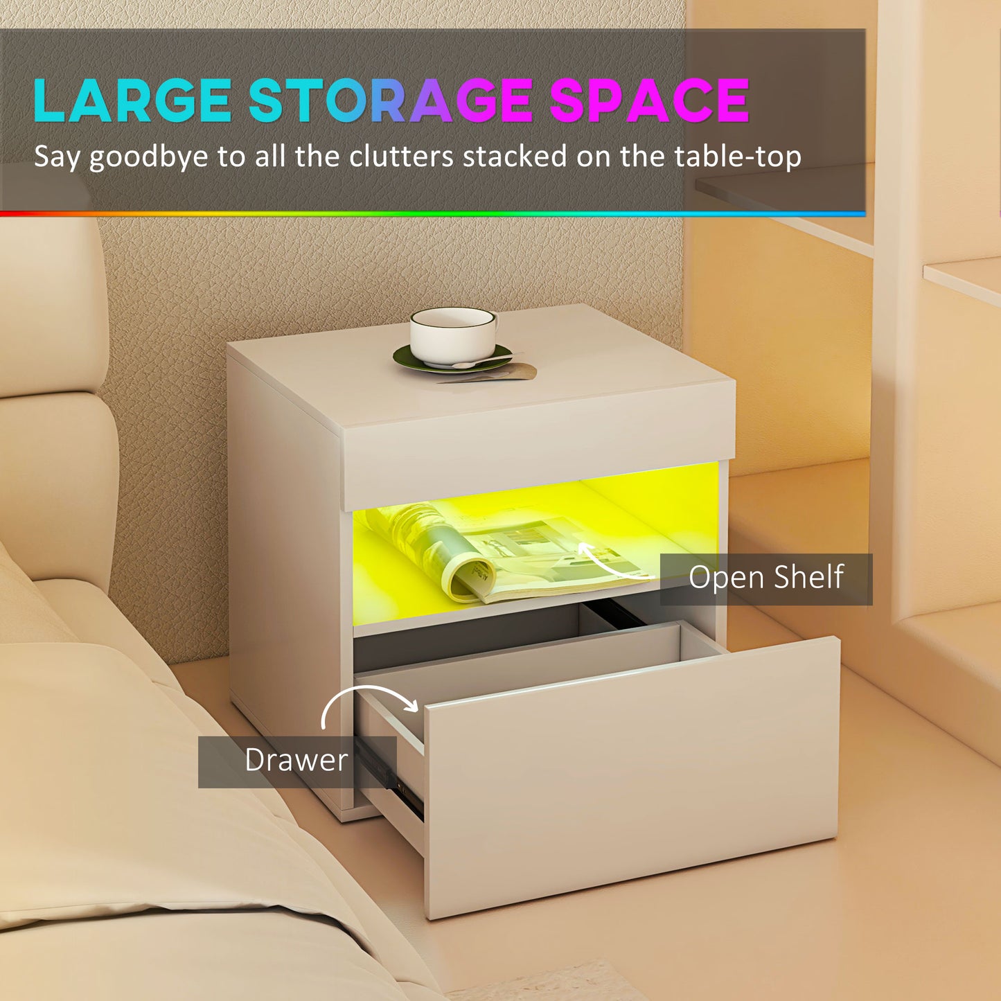 HOMCOM Modern White LED Nightstand Bedside Table with Drawer & Storage