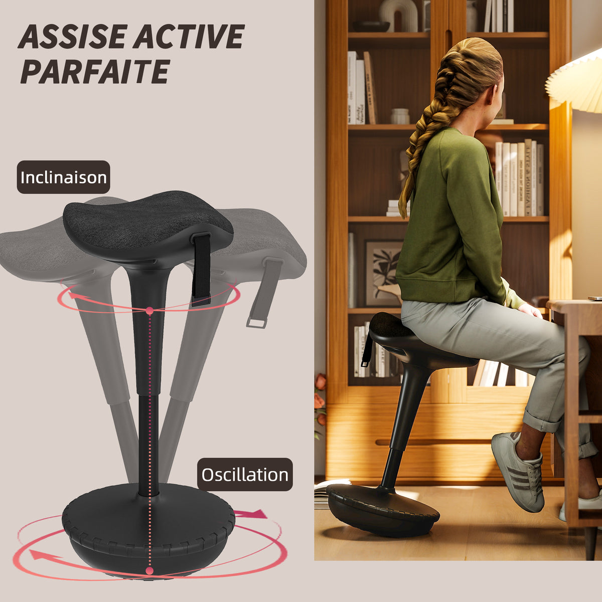 Swivel Standing Desk Chair, Adjustable Active Ergonomic Standing Stool, Black