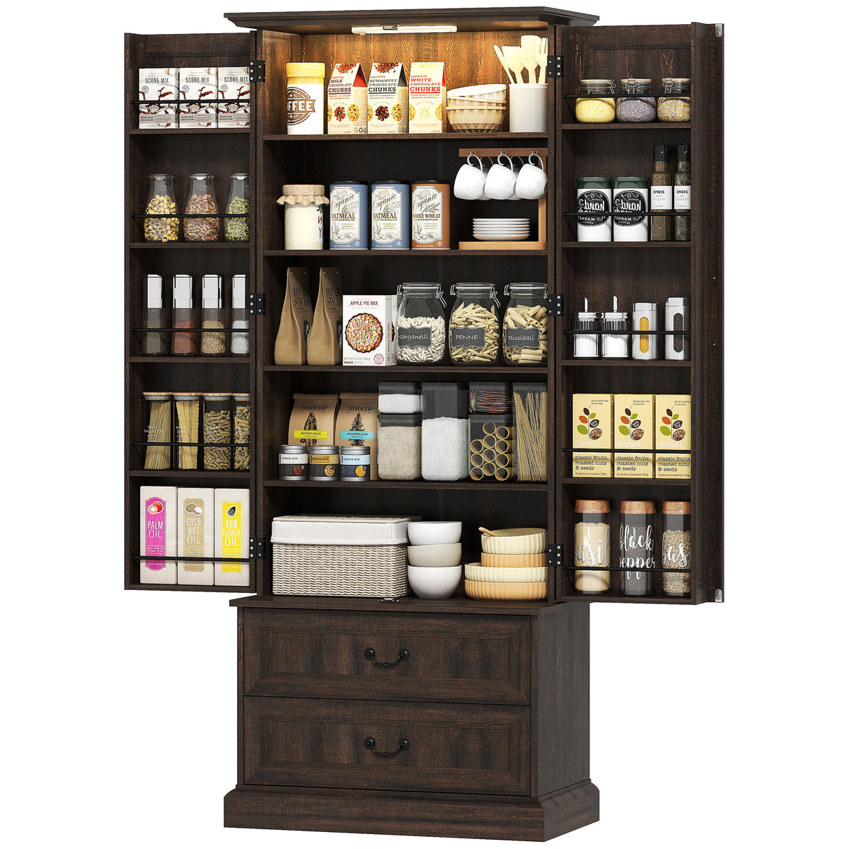 LED Kitchen Pantry Cabinet with 10 Door Shelves and 2 Drawers – 30"W x 72"H