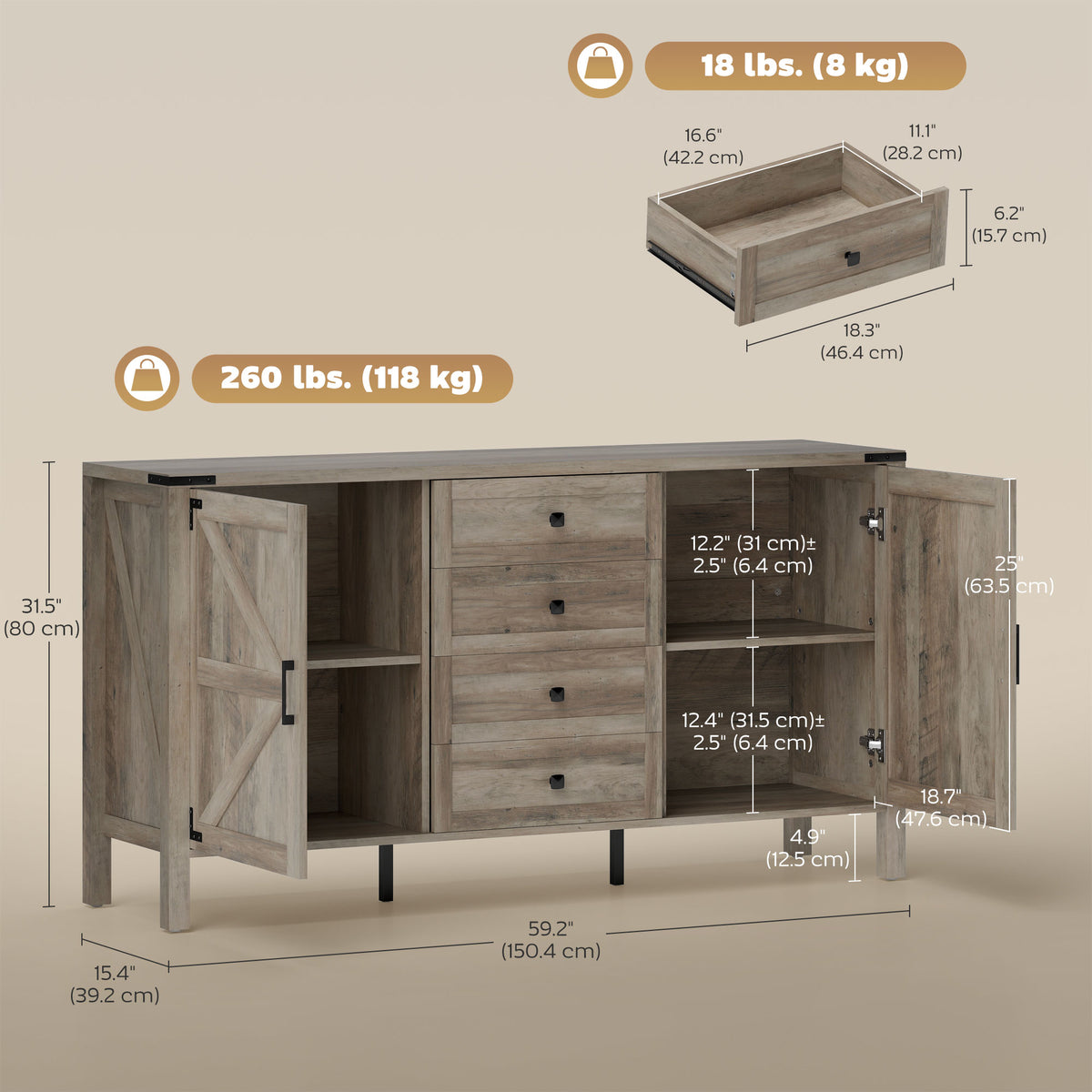 Farmhouse Sideboard with Thick Top – 59"W x 32"H