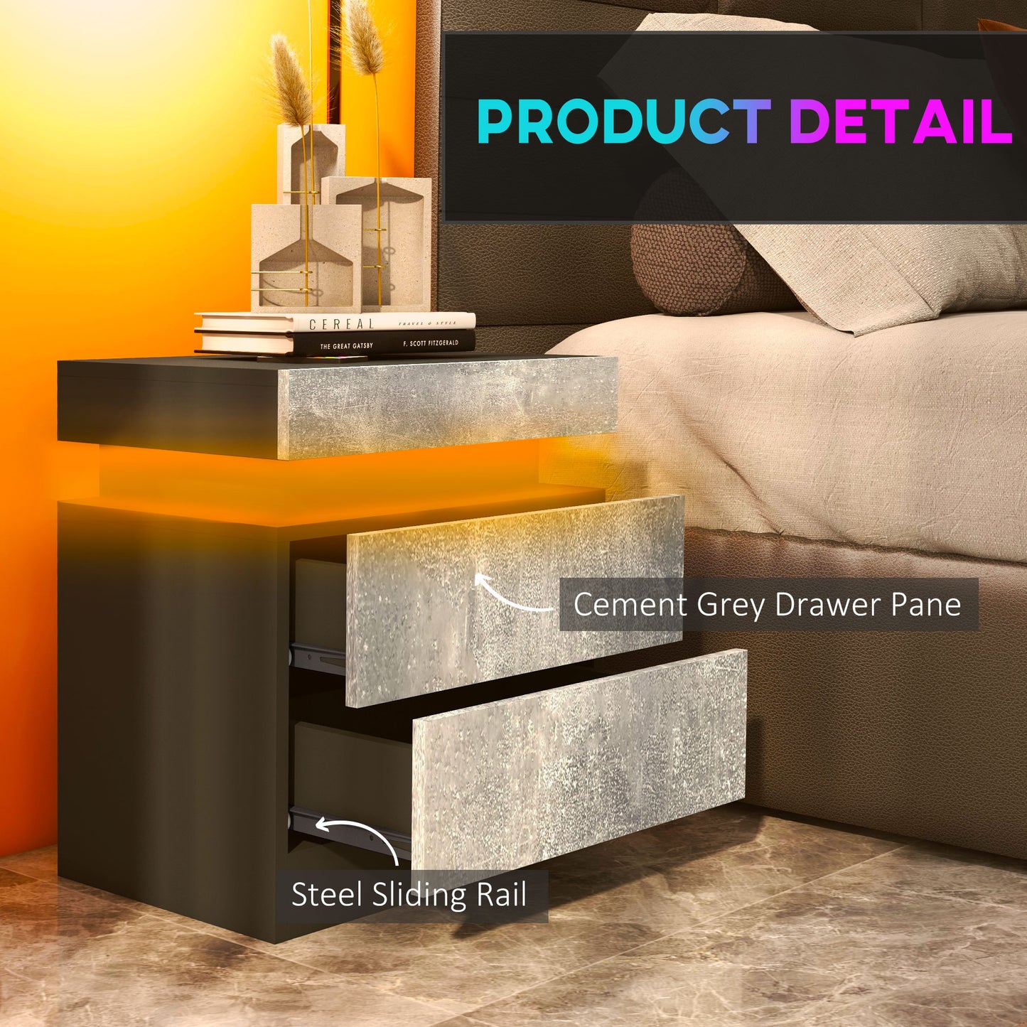 Modern High Gloss Nightstand Bedside Table with LED Lights, 2 Drawers, Grey