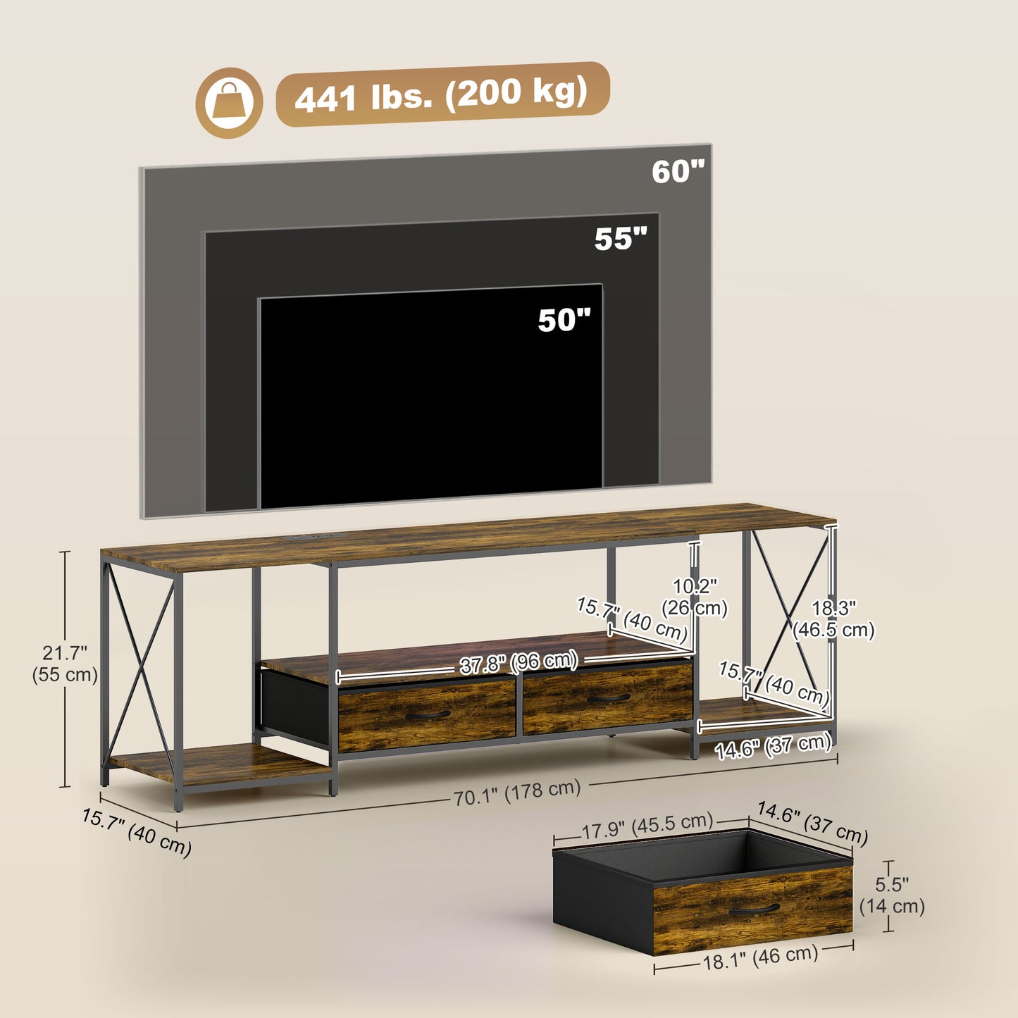 HOMCOM Industrial TV Stand with RGB LED Lights Rustic Brown