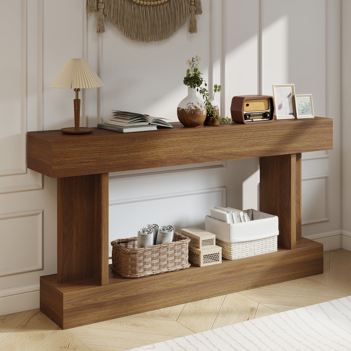 63" Long Vintage Console Table with Storage Shelf, Dark Brown