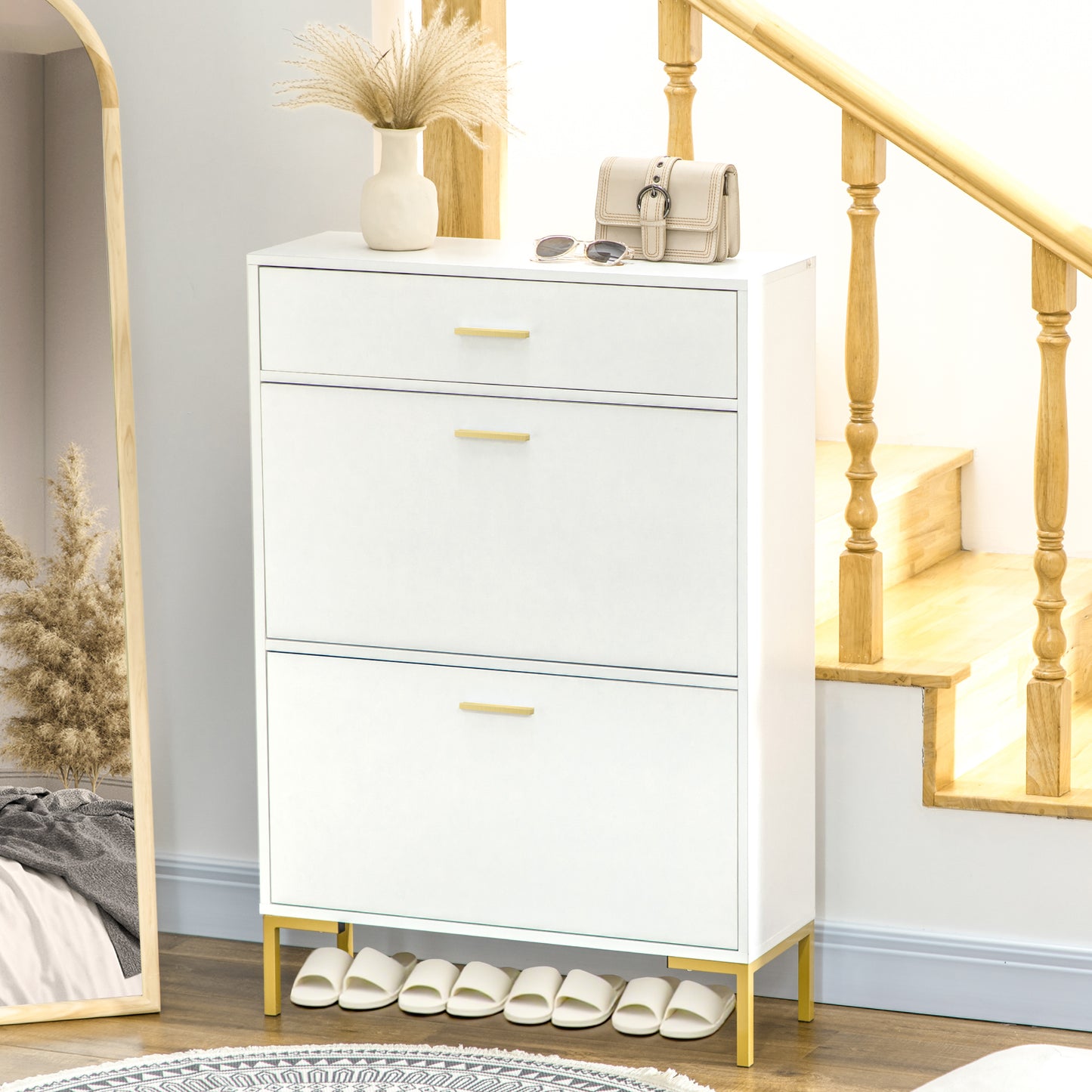 Modern White Shoe Cabinet: 12-Pair Storage, Flip Doors, Drawer, Adjustable Shelf