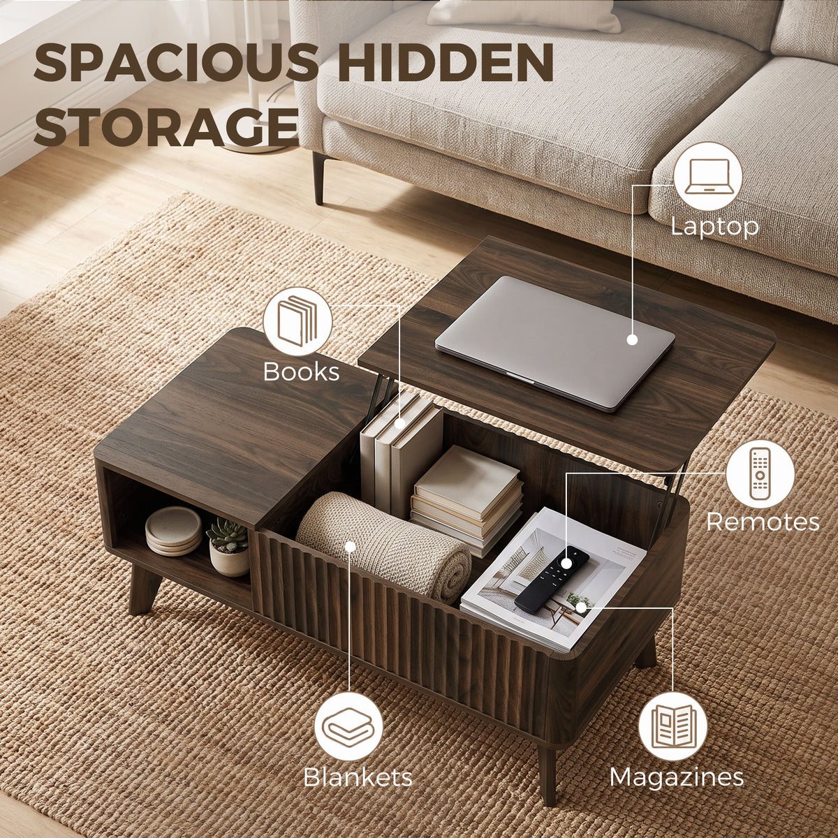 HOMCOM 40" Fluted Lift Top Coffee Table with Storage, Mid-Century Coffee Table with Hidden Compartment, Open Shelf, Walnut