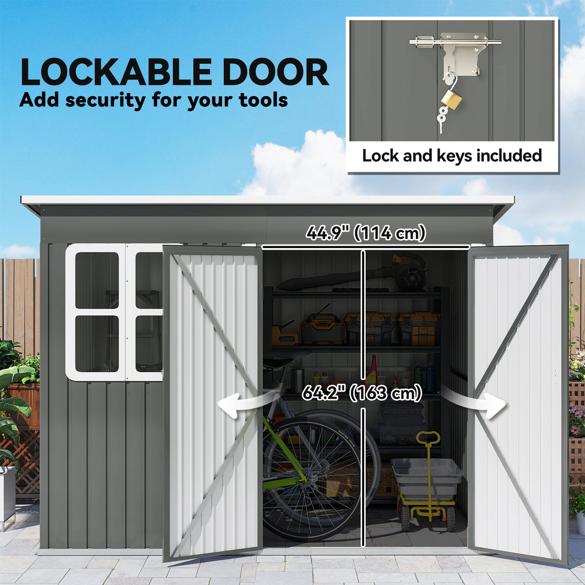 8.5' x 6' Galvanised Steel Outdoor Storage Shed, Garden Shed with Window, Lockable Wide Doors and Air Vents – Grey
