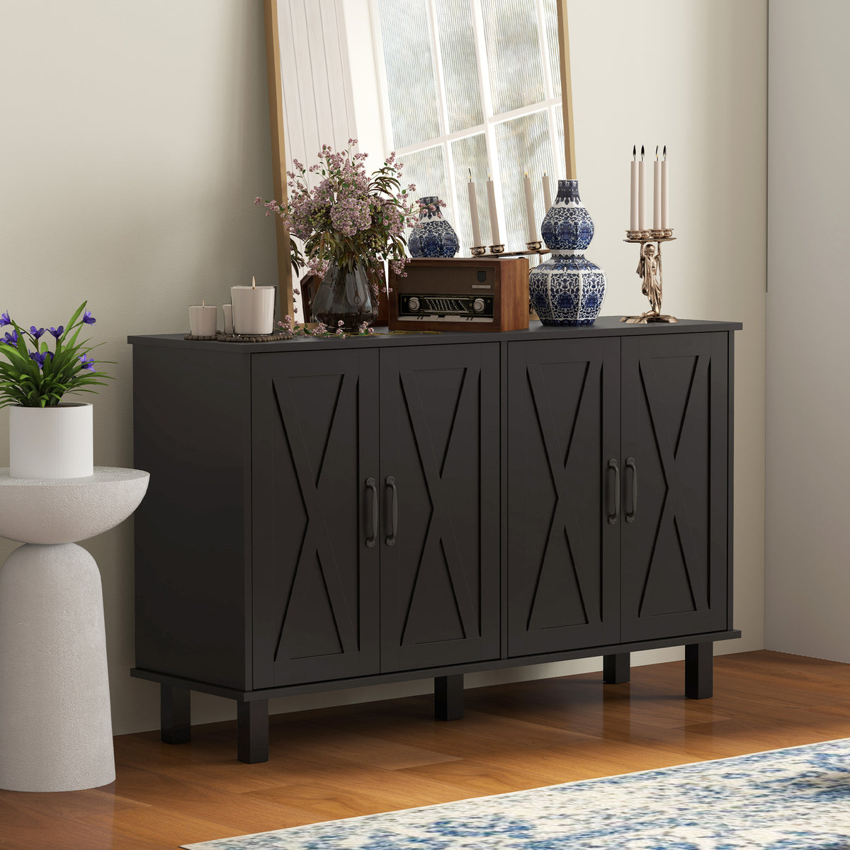 Kitchen Sideboard Cabinet with 4 Barn Doors and 2 Adjustable Shelves – 47"W x 30"H