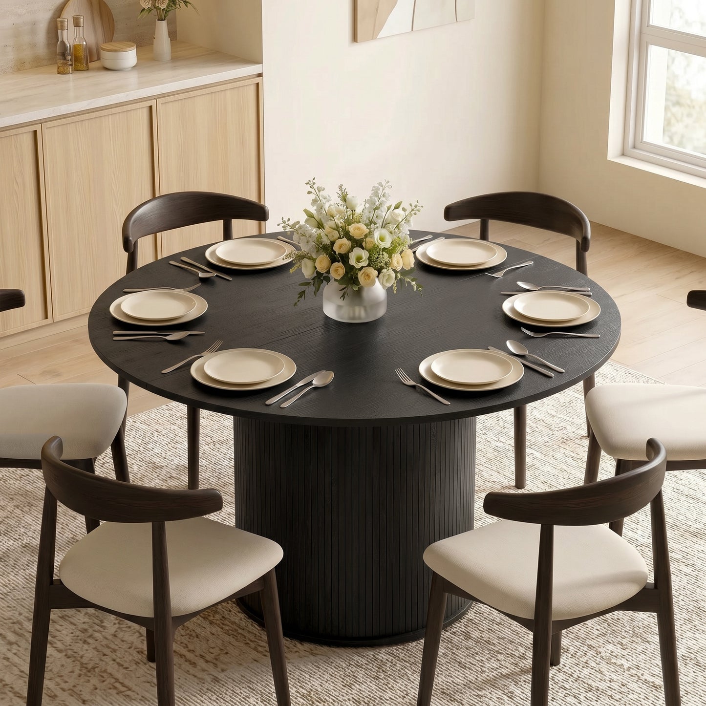 Round Dining Table 47in Natural Wood Pedestal Base