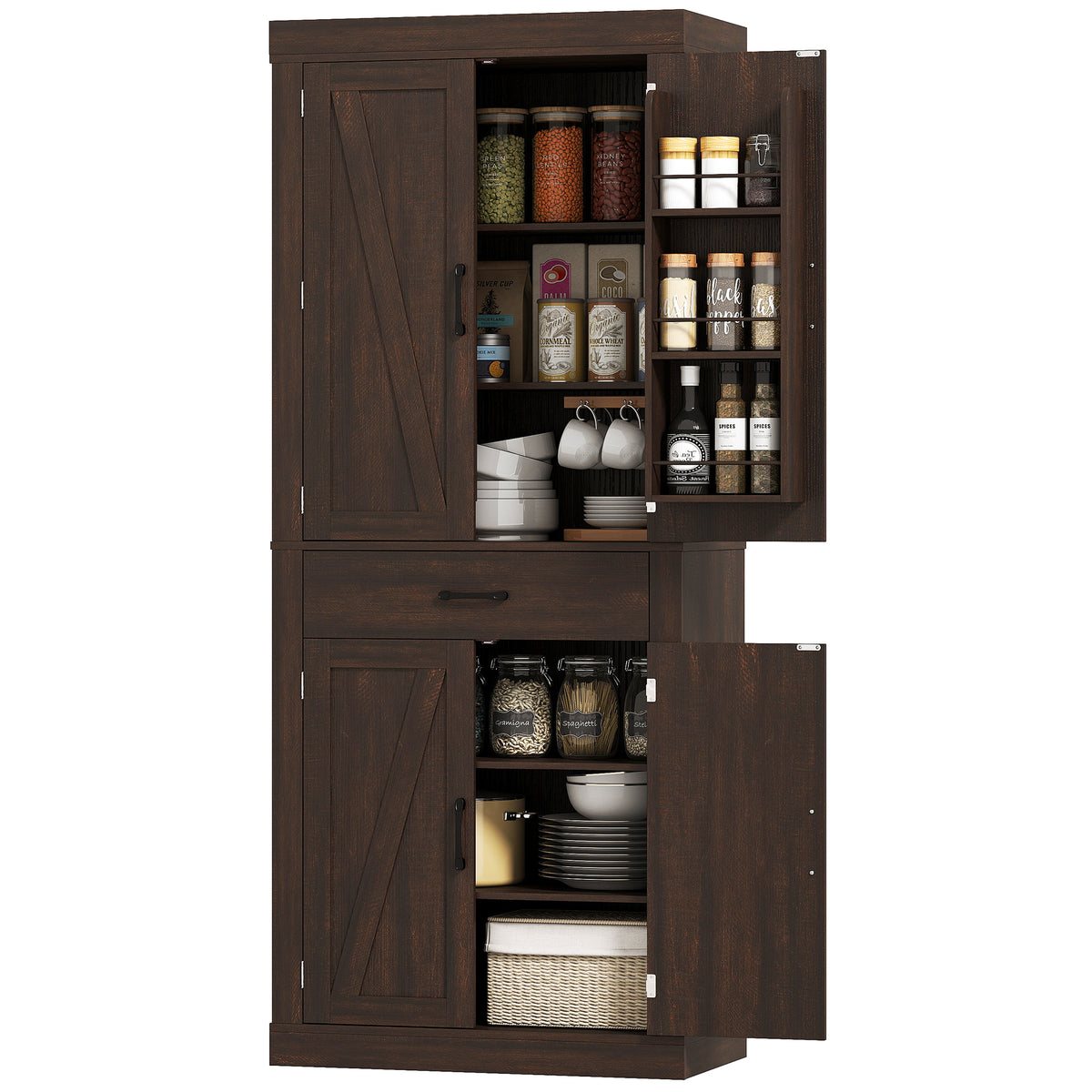 Farmhouse Kitchen Storage Cabinet with 4 Barn Doors – 30"W x 72"H