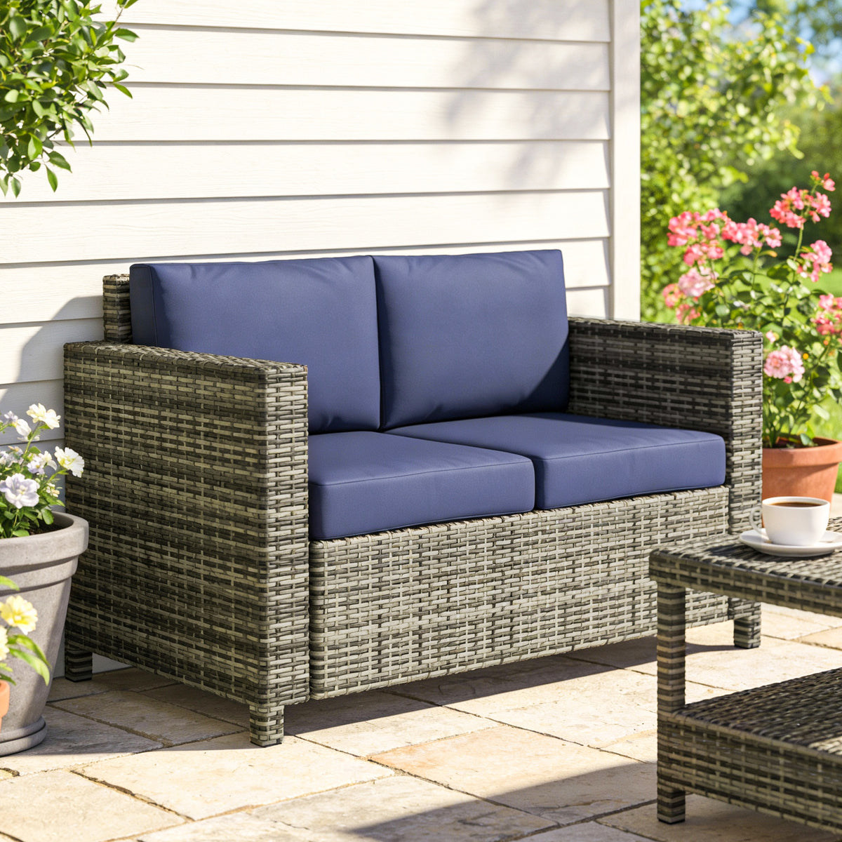 Wicker Outdoor Sofa, All Weather Patio Couch Loveseat with Cushions for Balcony, Deck, Garden, Poolside – Dark Blue