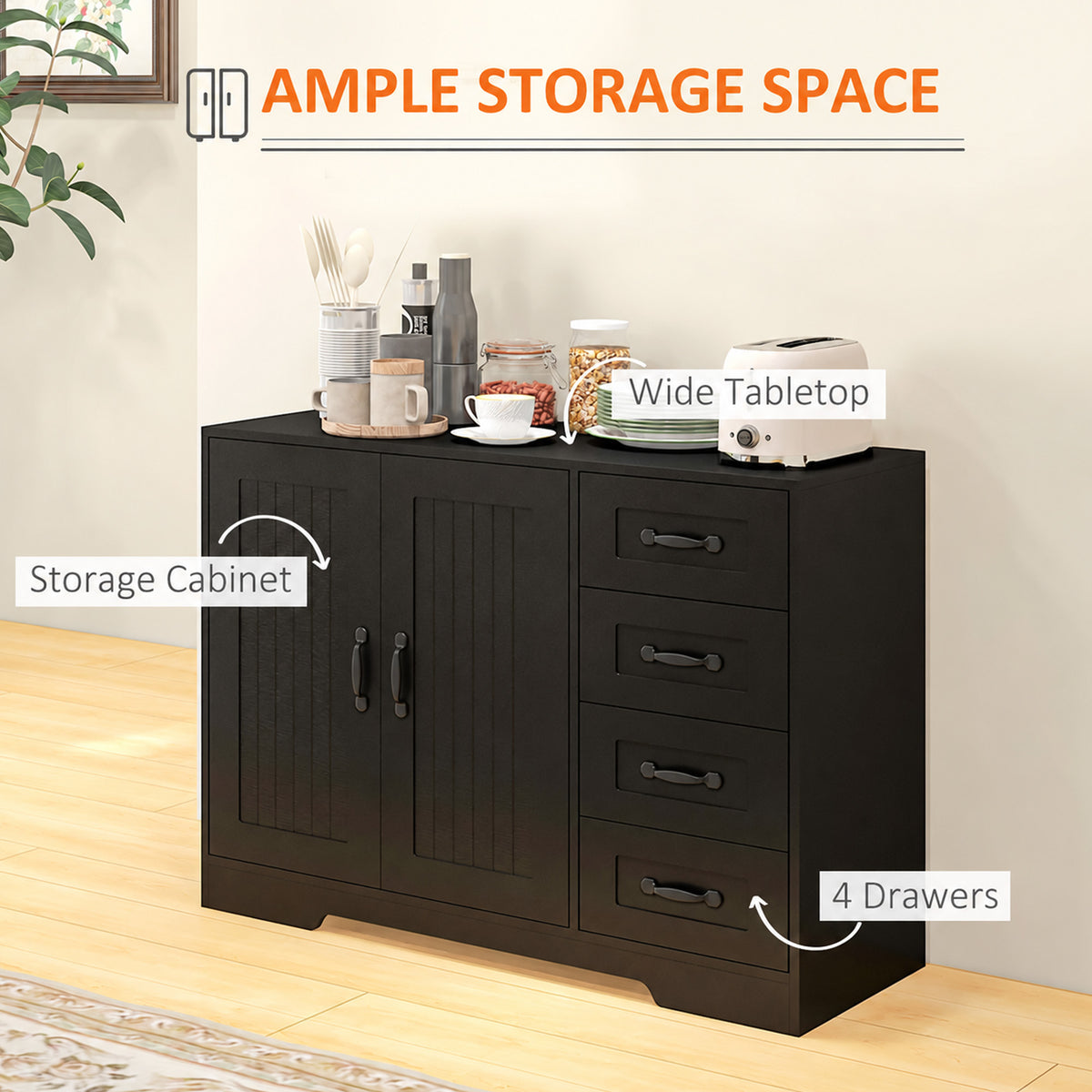 Sideboard Buffet Cabinet with 4 Drawers and Beadboard Doors – 41"W x 30"H
