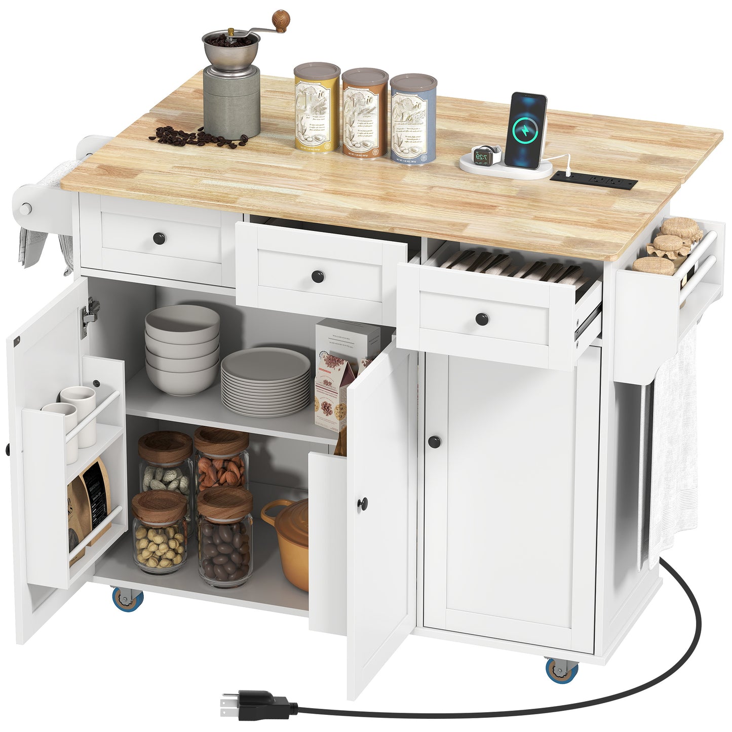 Kitchen Island with Drop Leaf, Charging Station, Black