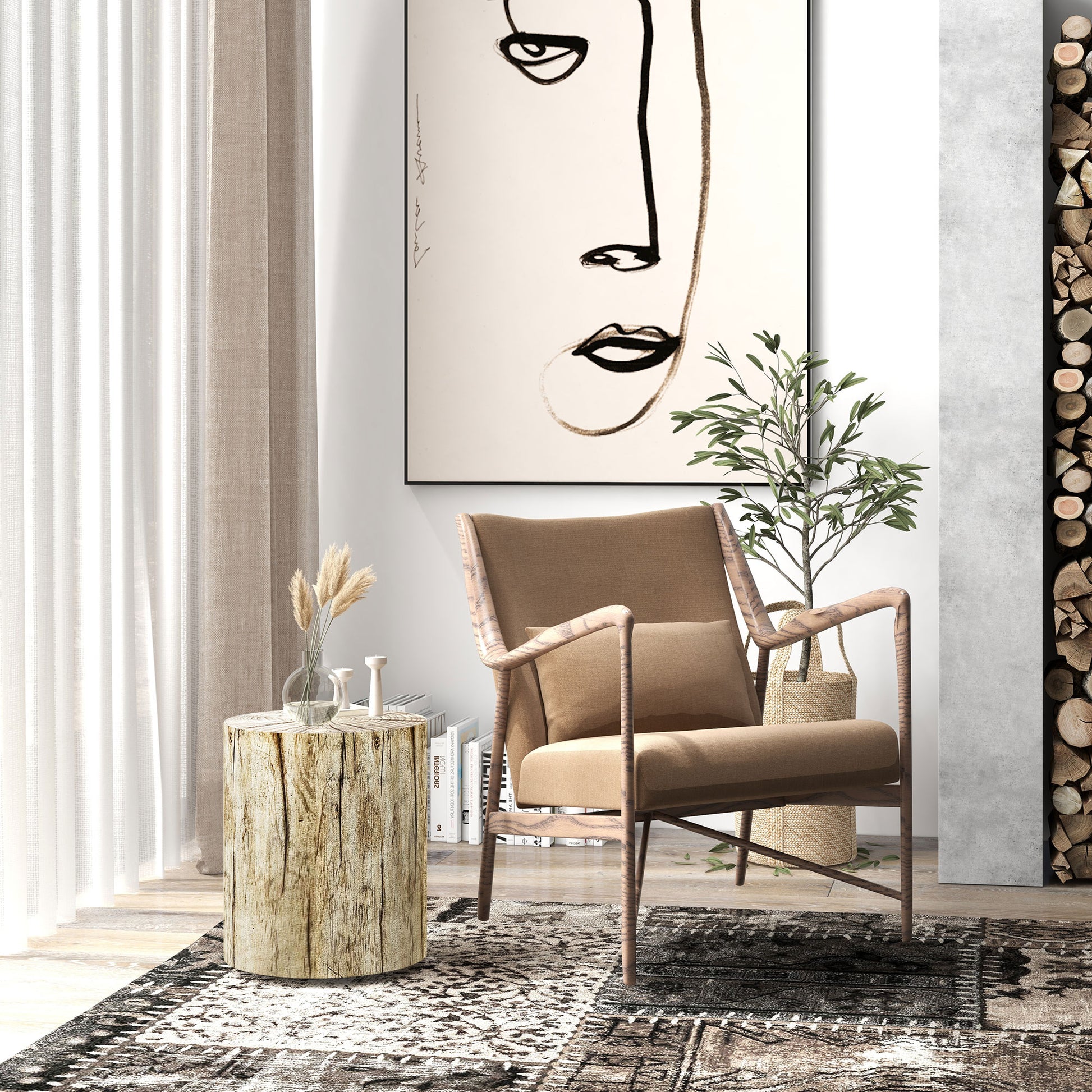 HOMCOM Natural Concrete Tree Stump End Table, Indoor Outdoor Garden Stool