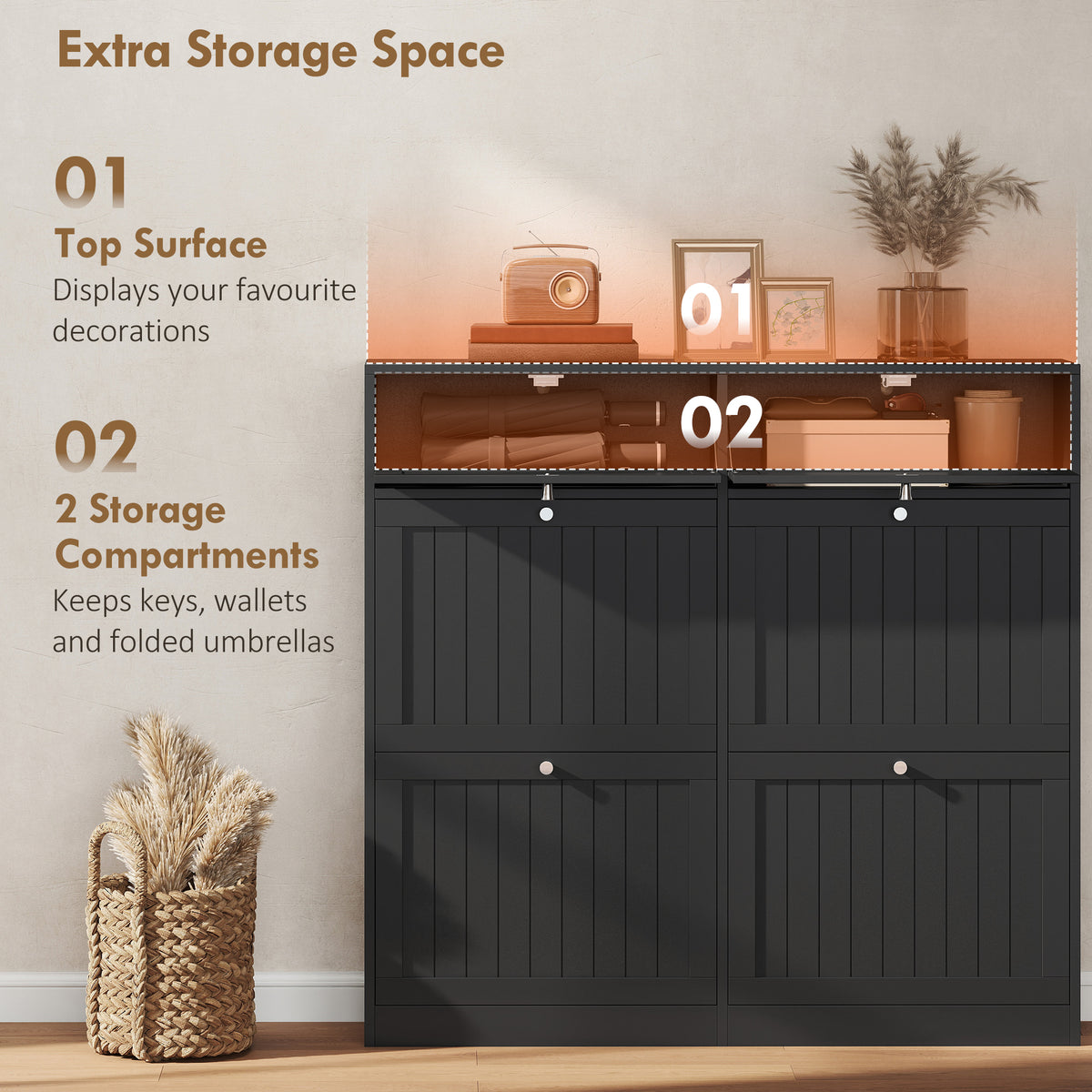 Shoe Cabinet with 2 Large Flip Drawers – 41"W x 39"H