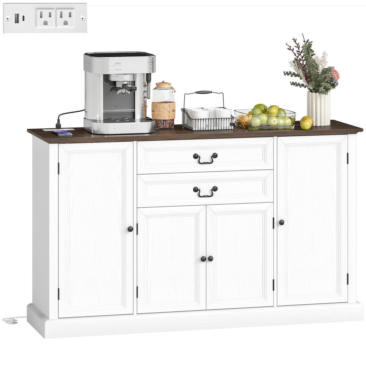 Farmhouse Sideboard with Charging Station and Thickened Top – 58"W x 34"H