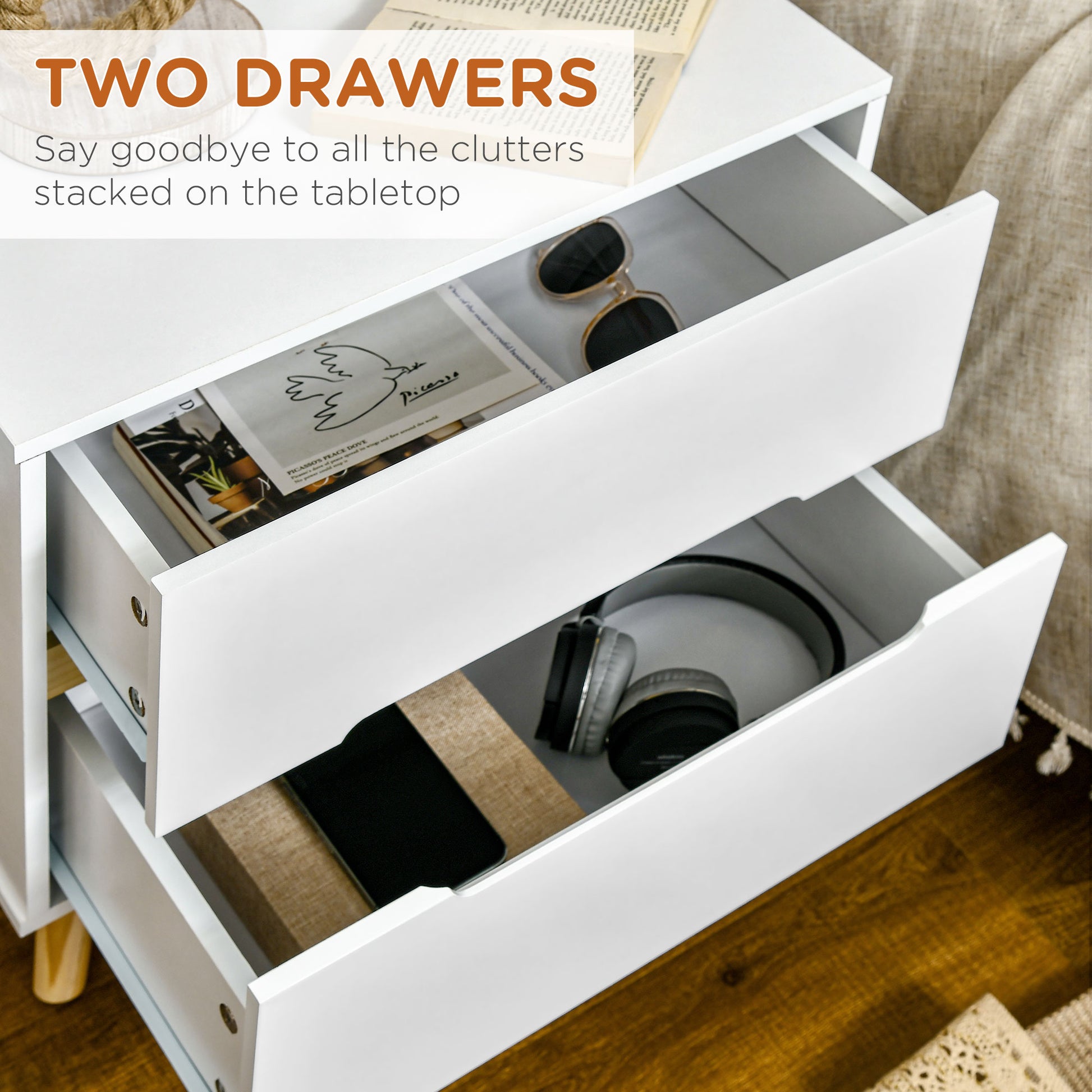 HOMCOM Modern White Nightstand with 2 Drawers, Solid Pine Wood Legs