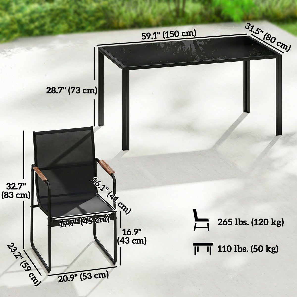 7 Pieces Outdoor Dining Set for 6, Glass Patio Table and Chairs with Decorative Armrests, All Weather Mesh