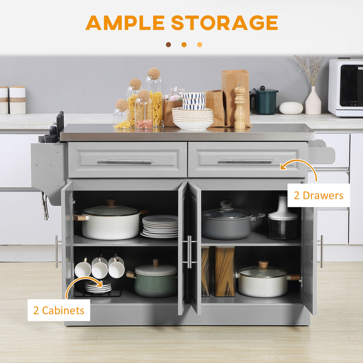 Kitchen Island with Stainless Steel Top – 57"W x 36"H