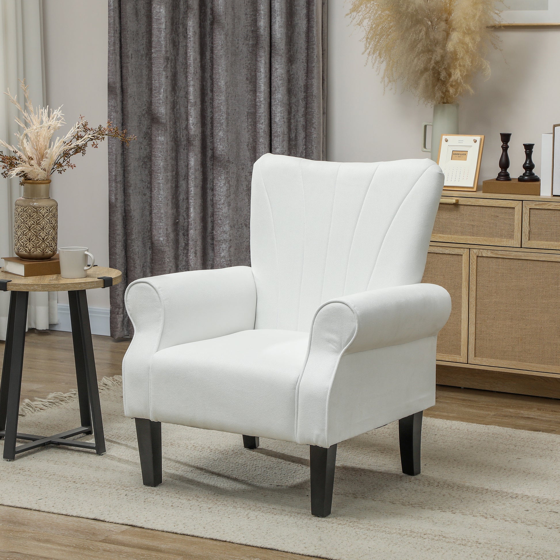 HOMCOM Modern Fabric Accent Armchair, Cream White with Sturdy Wood Legs
