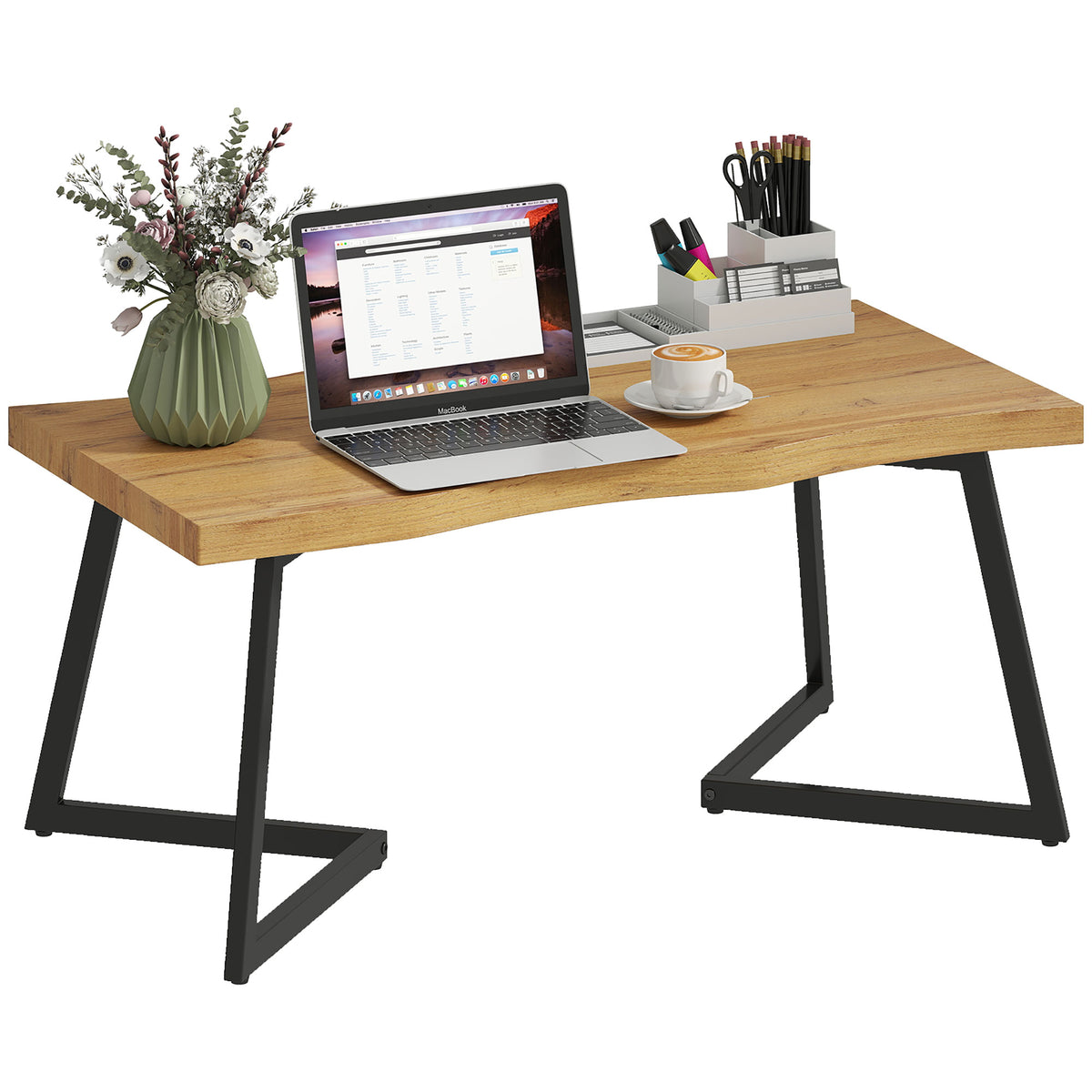 HOMCOM Coffee Table Curved Thick Top Living Room Accent Table Black Metal Legs, 39.4" x 19.7" x 17.7", Oak