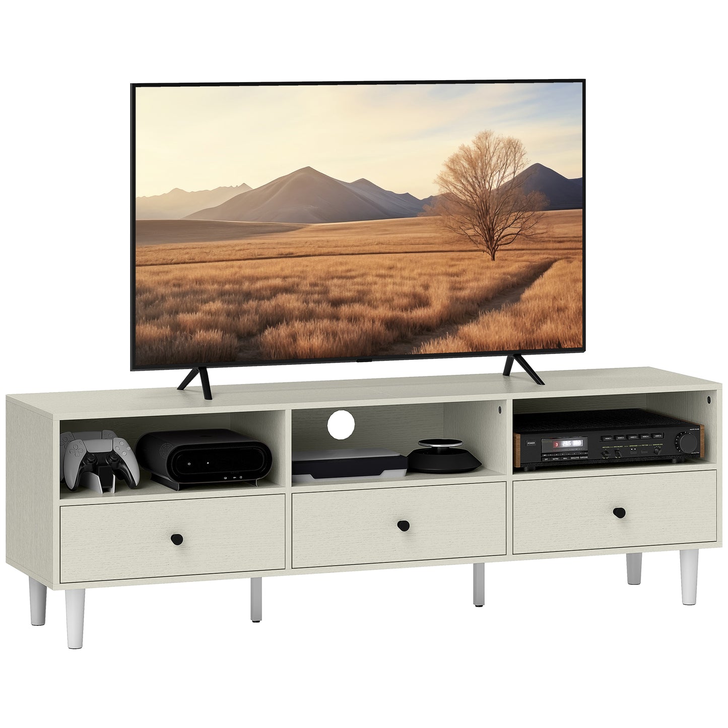 HOMCOM White Modern TV Stand for 75 Inch TVs, 3 Shelves, 3 Drawers
