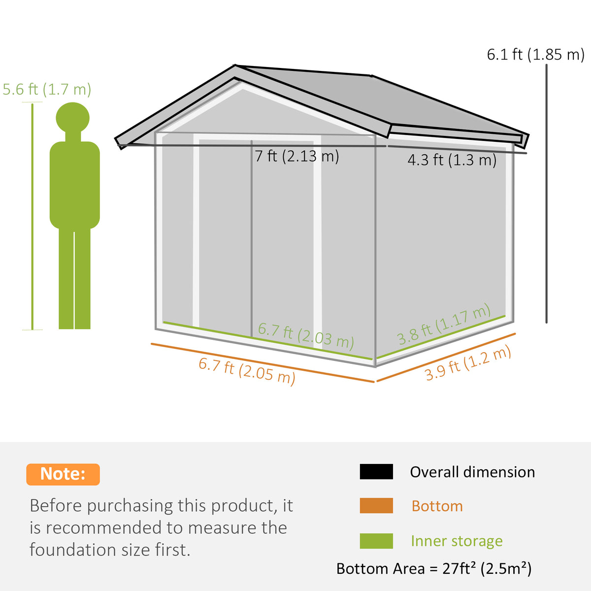 7'x 4'x 6' Garden Tool Shed Metal Storage Shed w/ Foundation Kit, Vents and Double Doors – Silver