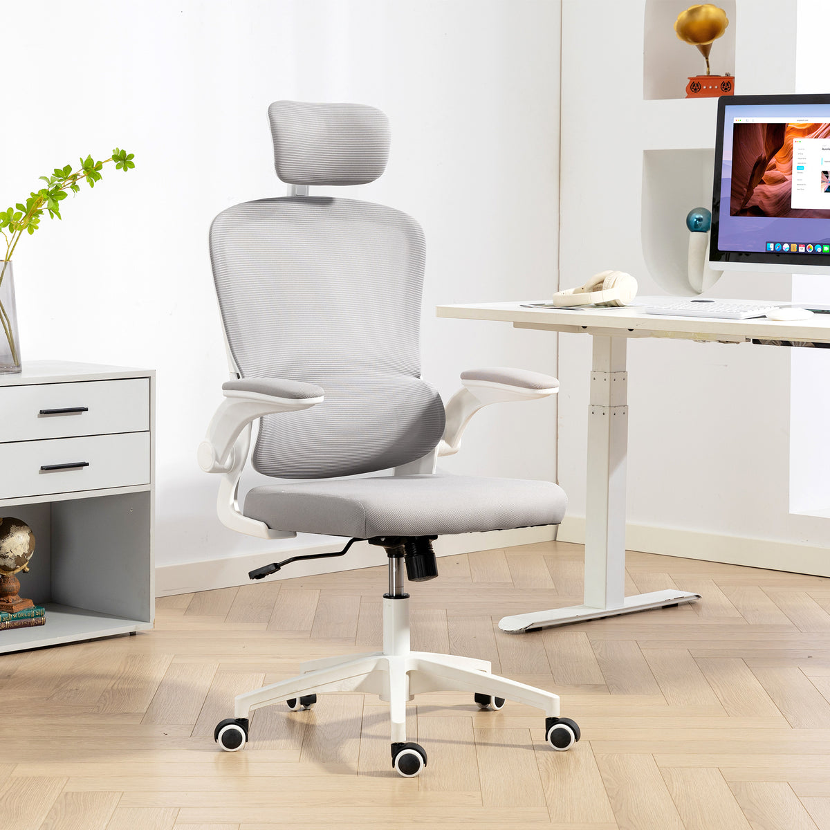 Ergonomic Mesh Office Chair, High Back Desk Chair with Rotatable Headrest, Grey