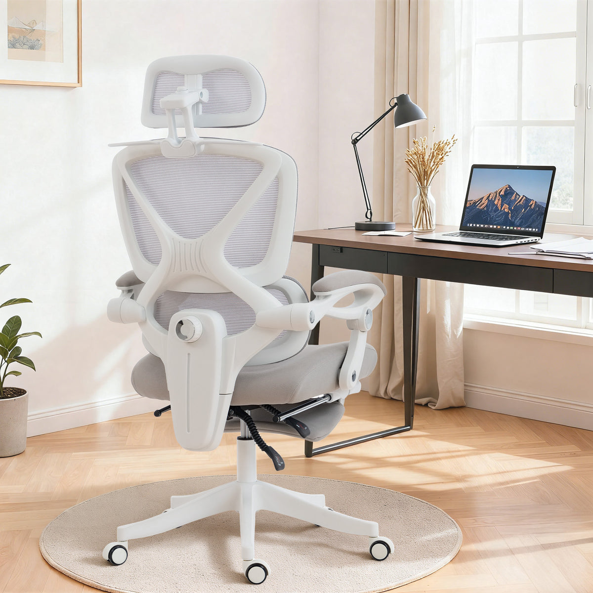 Mesh Desk Chair with Adjustable Headrest, Light Grey