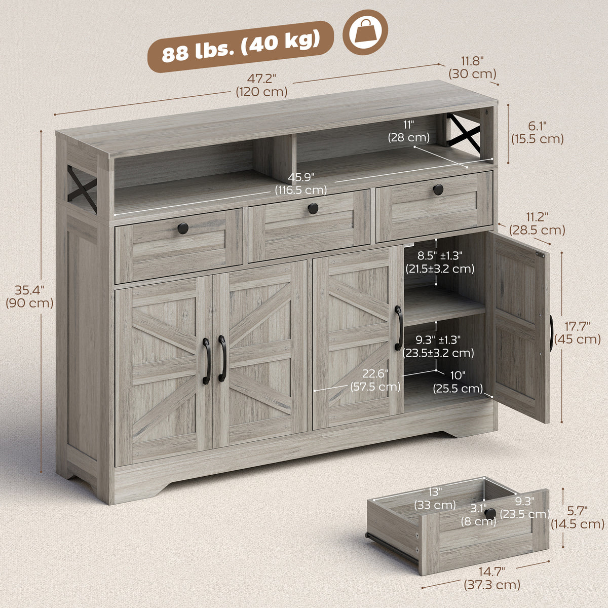 Buffet Cabinet with 4 Barn Doors and 3 Drawers – 47"W x 35"H
