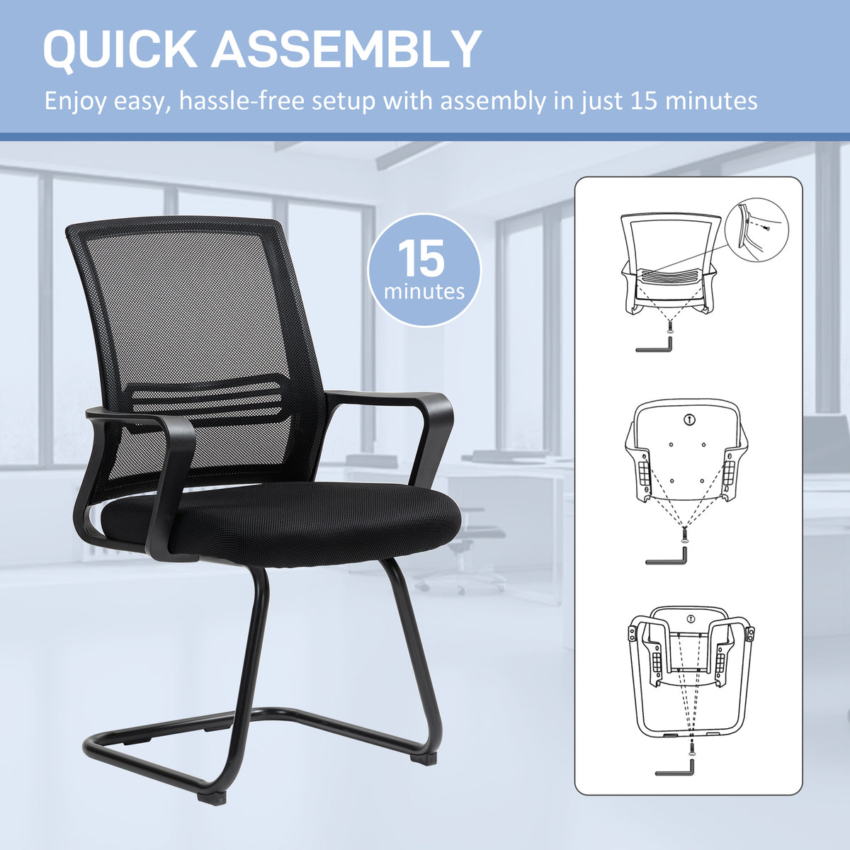 Ergonomic Desk Chair No Wheels, Padded Mesh Office Reception Chair with Sled Base, Black