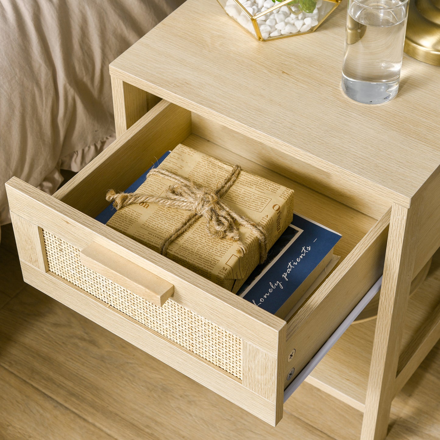 HOMCOM Natural Rattan Nightstand: Modern Bedside End Table with Storage